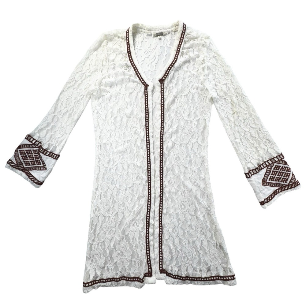 Gimmicks Women's Cream & Copper Brown Embroidered Flyaway Cardigan Kimono Sz M